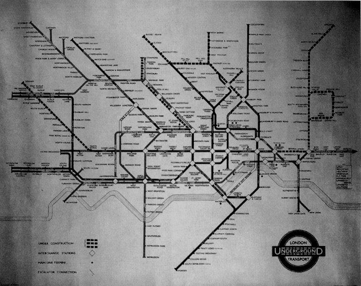 H. C. Beck, Plano de la red del metro de Londres, 1939: la 
        tecnolog�a y el arte al servicio de la comunicaci�n racional